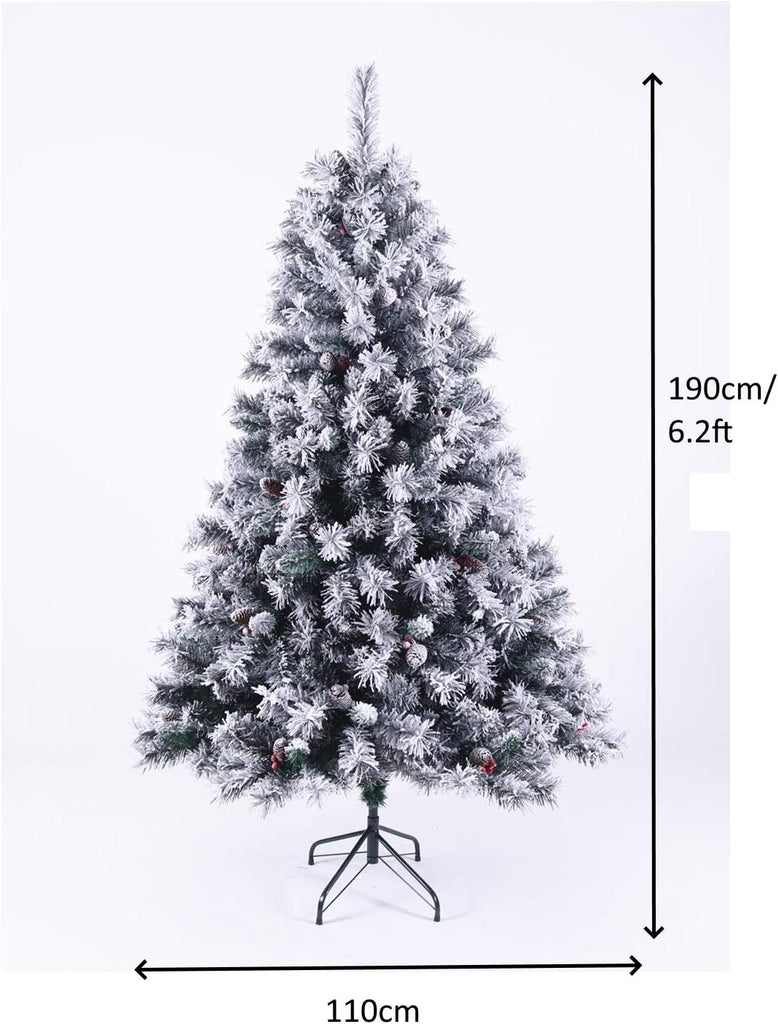 EVRE 6ft Snow Effect Pine and Berries Christmas Tree dimensions in CM of height 190 and width 110